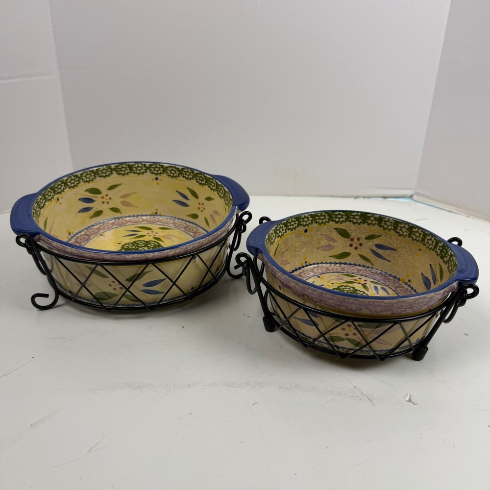 Temp-tations Old World Blue Ceramic Round Baker Set 1QT 2QT with Wire Racks